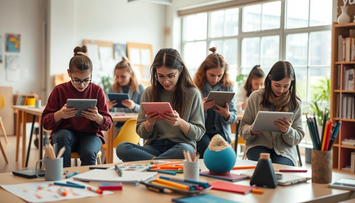 Students studying together in modern classroom